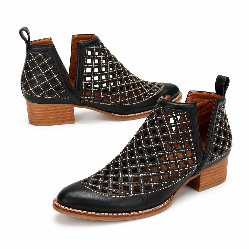 Jeffrey Campbell Taggart Ankle Booties Women's 8 Black Leather Lattice Laser Cut